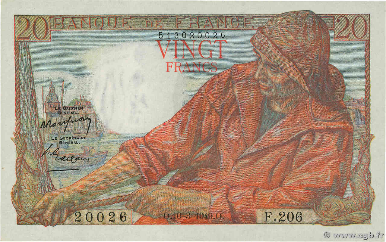 20 Francs PÊCHEUR FRANKREICH  1949 F.13.14 fST+