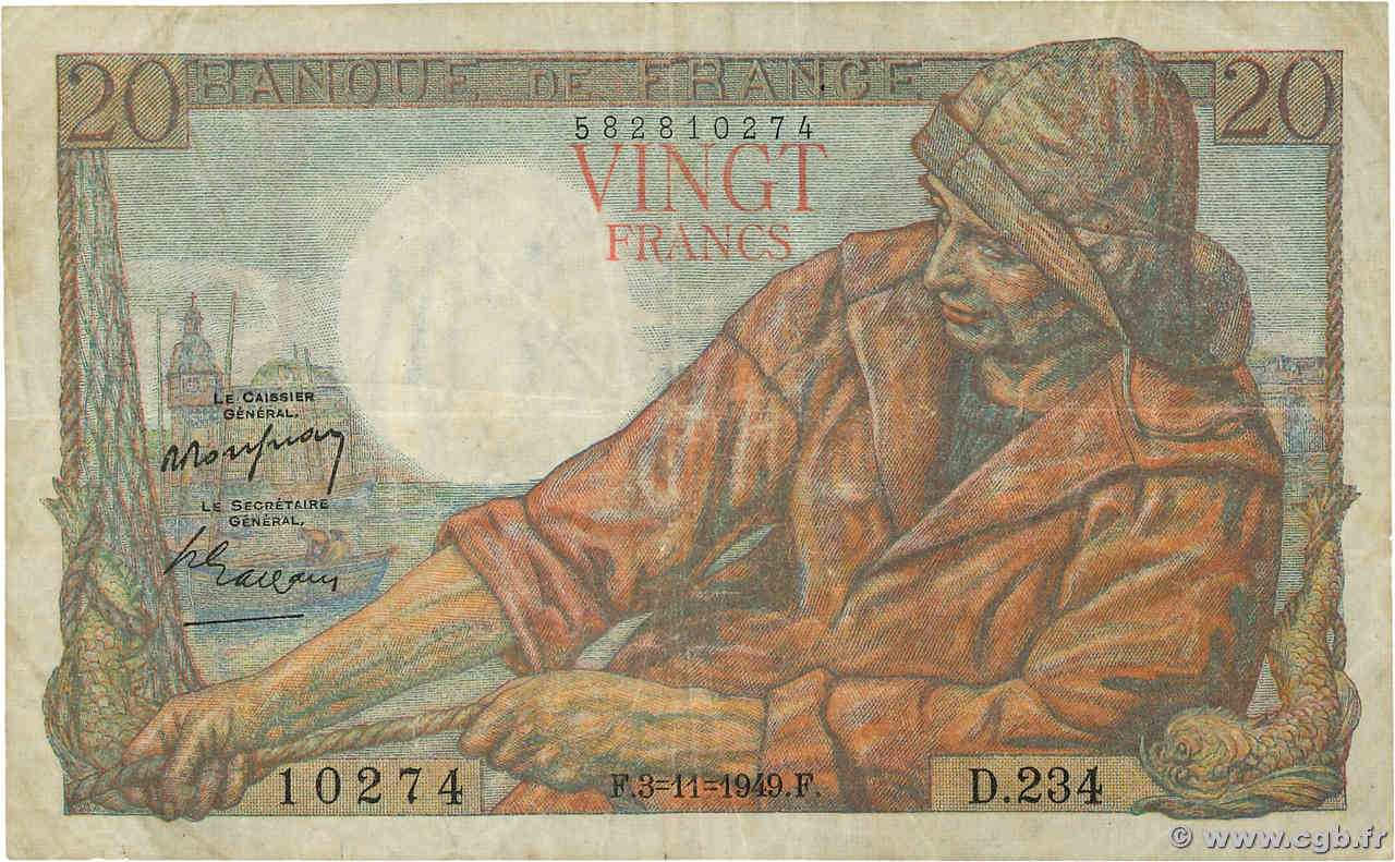 20 Francs PÊCHEUR FRANCE  1949 F.13.16 F+