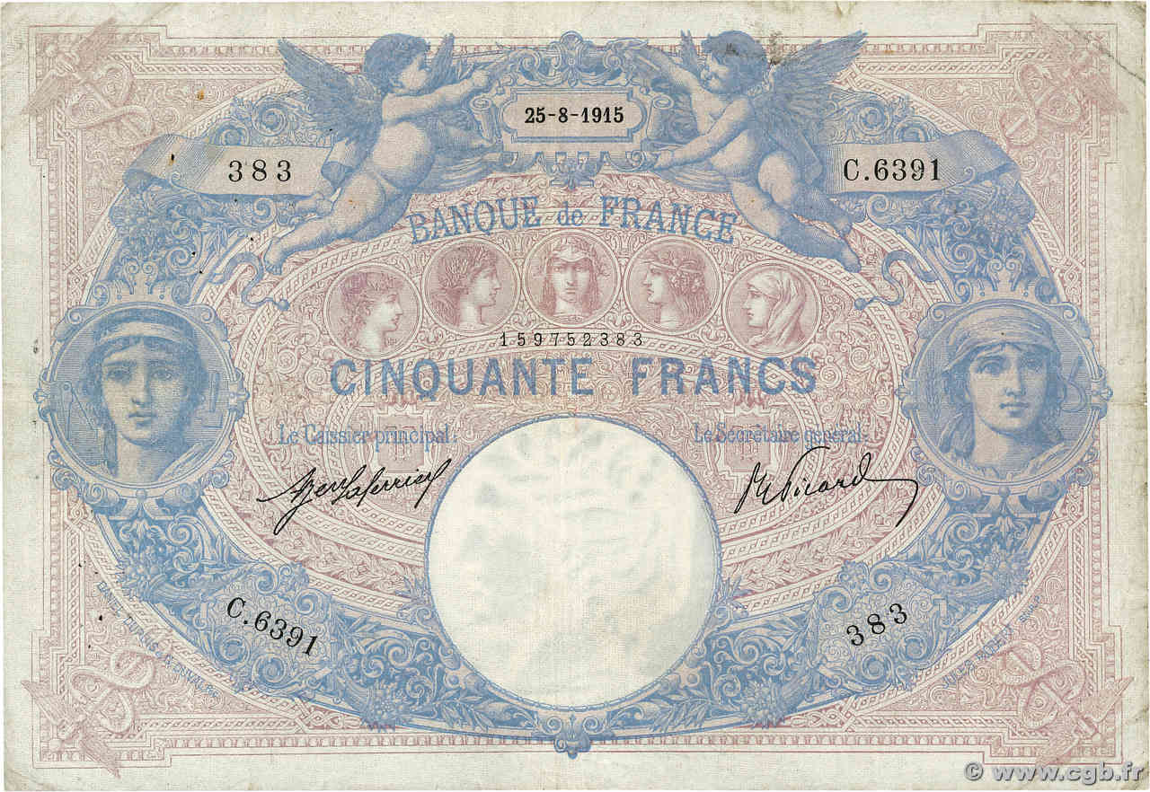 50 Francs BLEU ET ROSE FRANCE  1915 F.14.28 F+