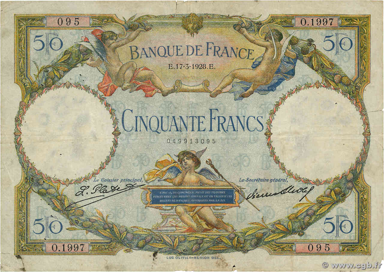 50 Francs LUC OLIVIER MERSON FRANCIA  1928 F.15.02 q.MB