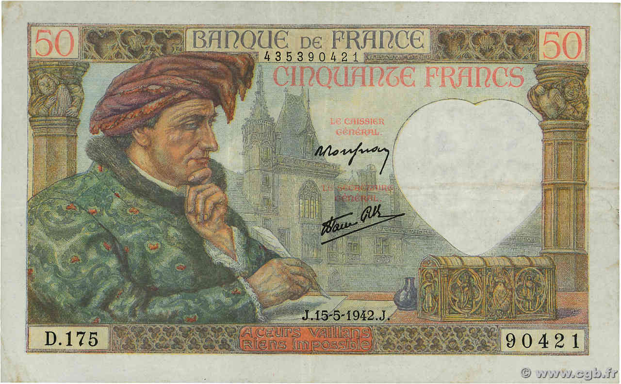 50 Francs JACQUES CŒUR FRANCE  1942 F.19.20 VF