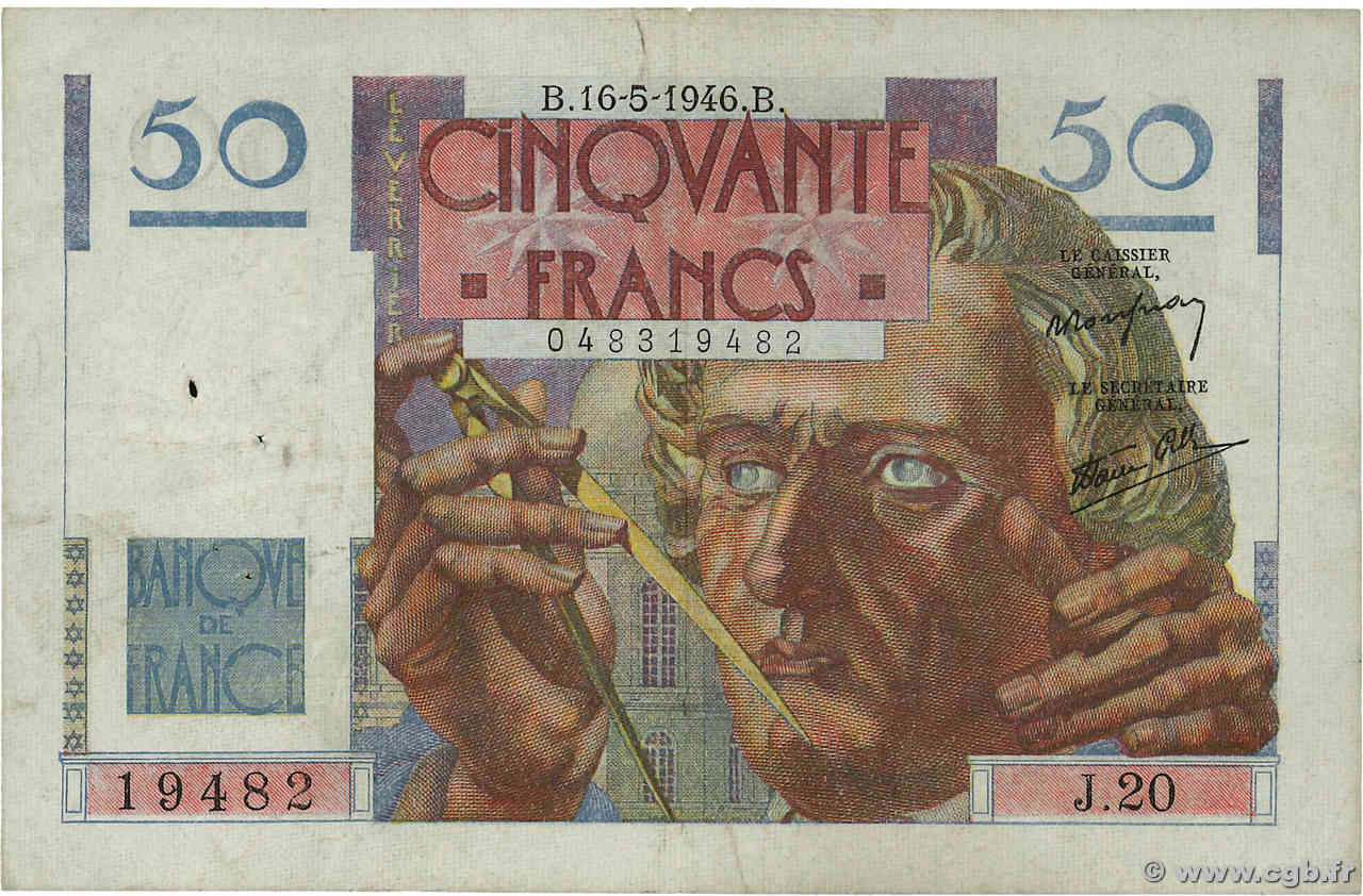 50 Francs LE VERRIER FRANCIA  1946 F.20.04 q.BB