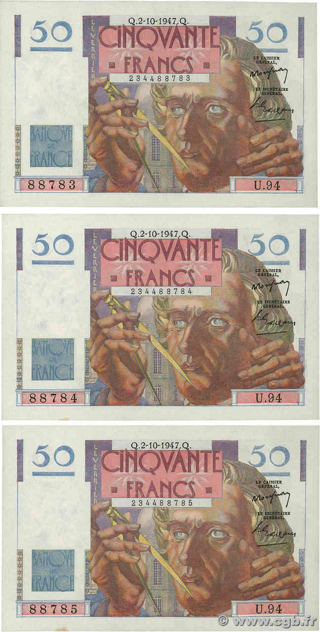 50 Francs LE VERRIER Consécutifs FRANKREICH  1947 F.20.09 fVZ