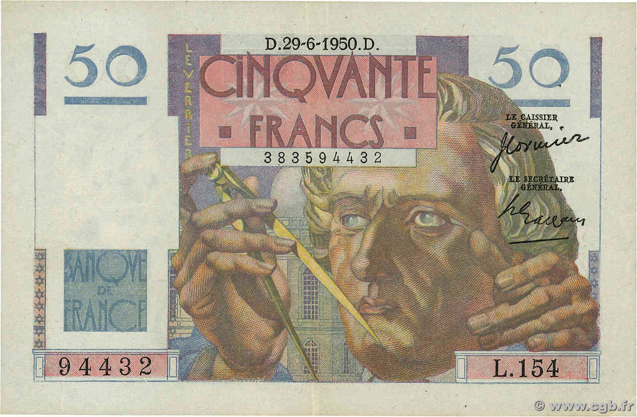 50 Francs LE VERRIER FRANKREICH  1950 F.20.15 fVZ