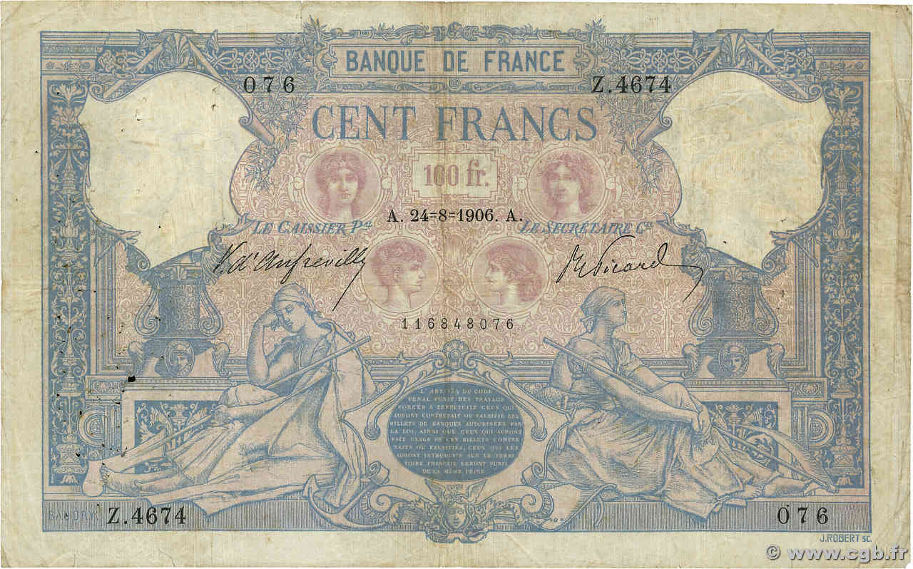 100 Francs BLEU ET ROSE FRANCIA  1906 F.21.20 BC
