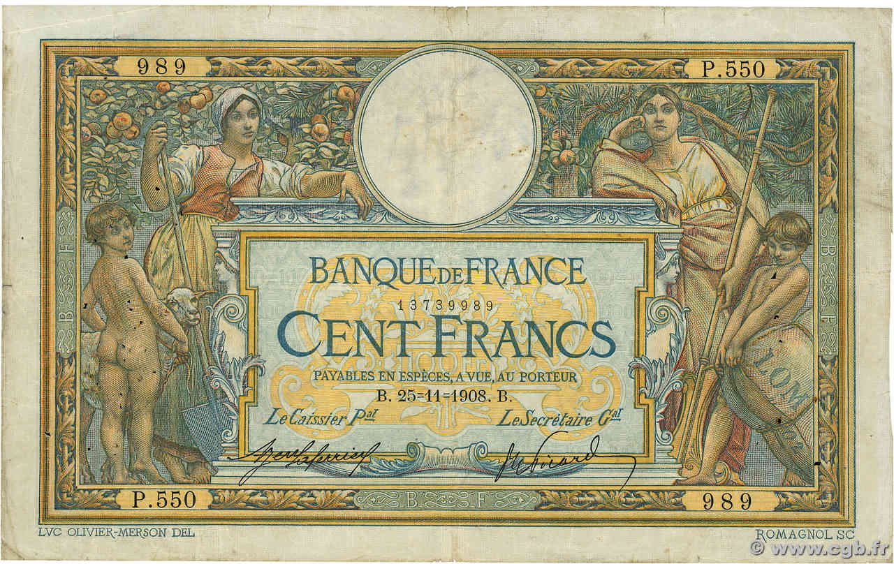 100 Francs LUC OLIVIER MERSON avec LOM FRANKREICH  1908 F.22.01 fS