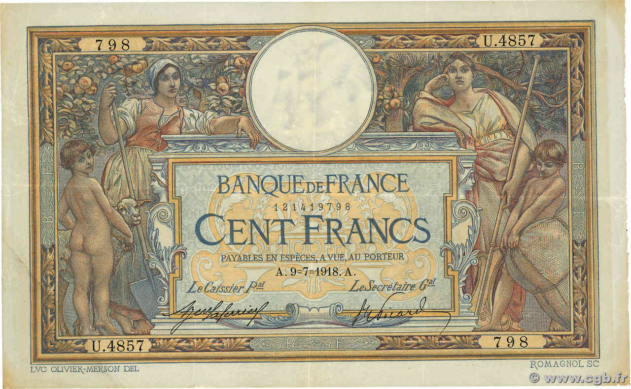 100 Francs LUC OLIVIER MERSON sans LOM FRANCIA  1918 F.23.10 MBC