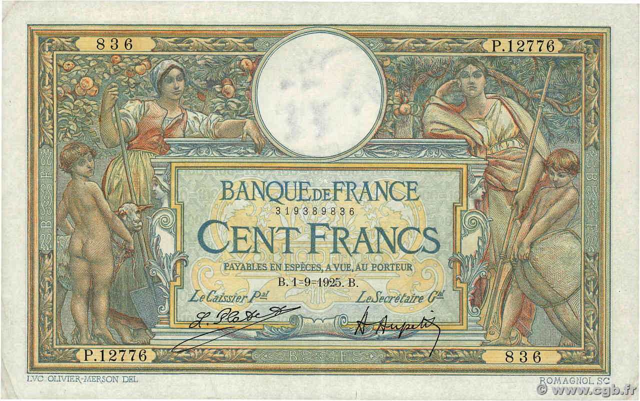 100 Francs LUC OLIVIER MERSON grands cartouches FRANCE  1925 F.24.03 VF