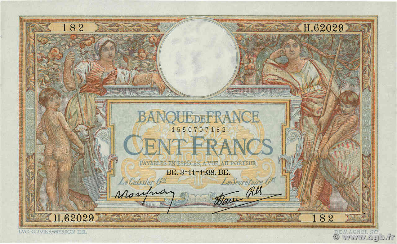 100 Francs LUC OLIVIER MERSON type modifié FRANCIA  1938 F.25.34 EBC