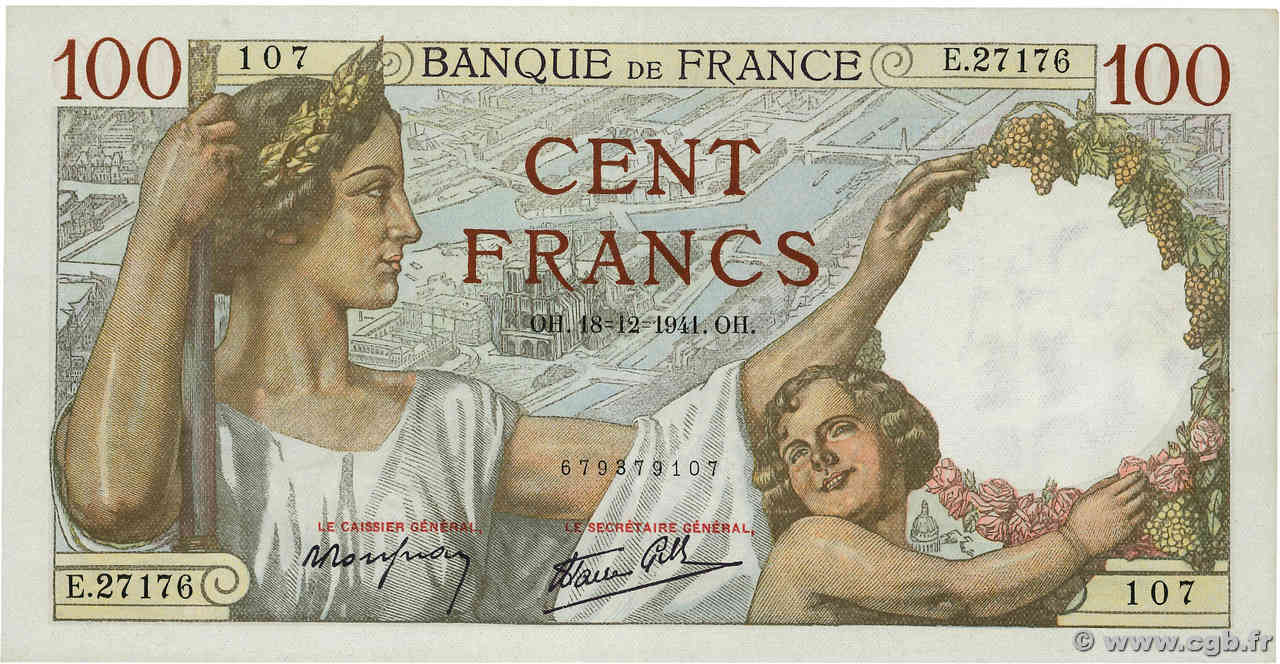 100 Francs SULLY FRANCE  1941 F.26.63 XF