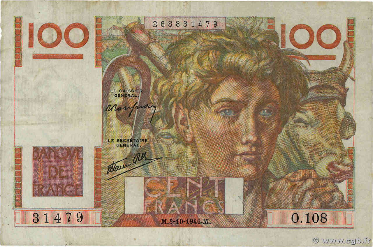 100 Francs JEUNE PAYSAN FRANCIA  1946 F.28.09 BC+