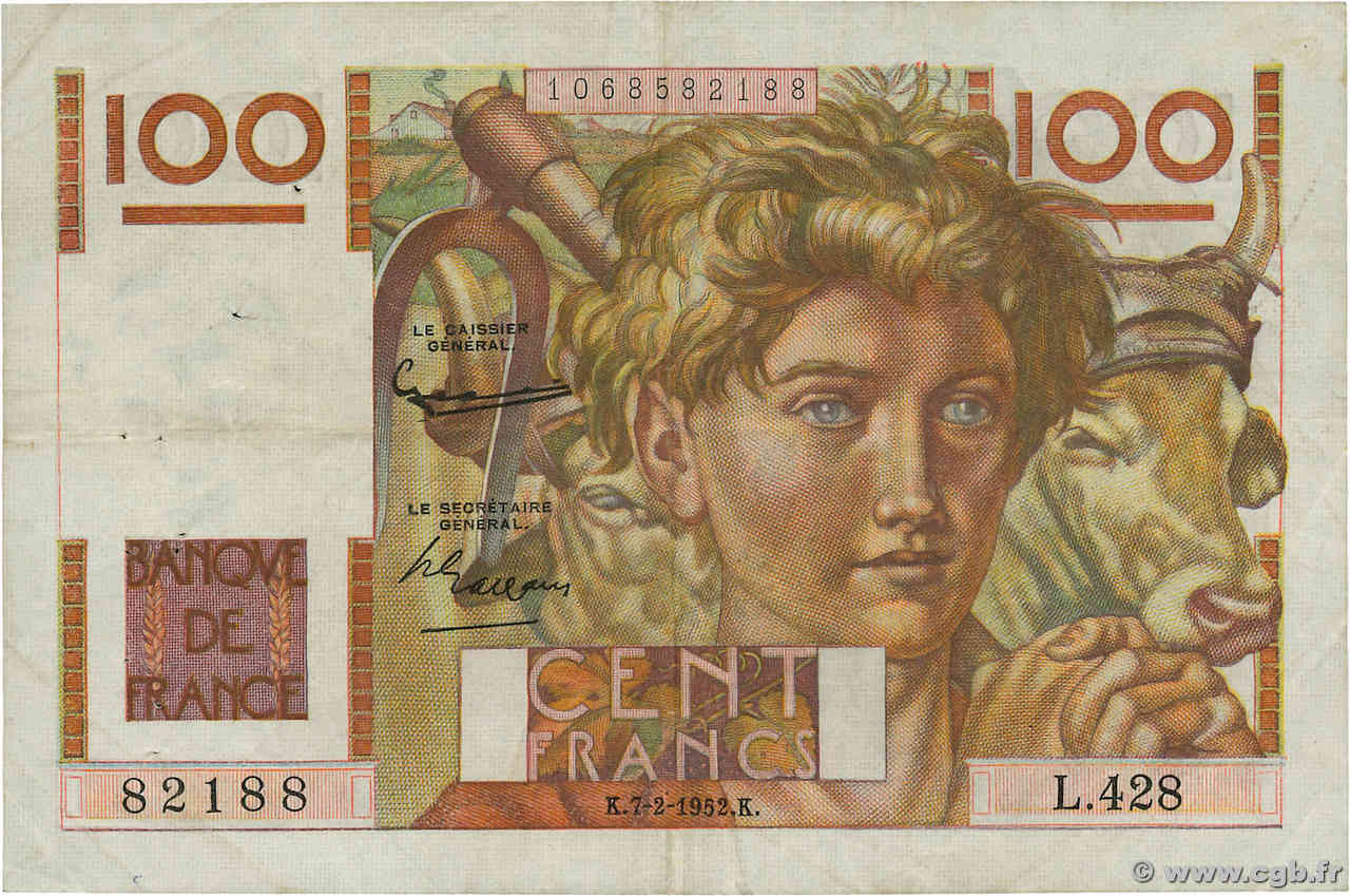 100 Francs JEUNE PAYSAN FRANKREICH  1952 F.28.31 fSS