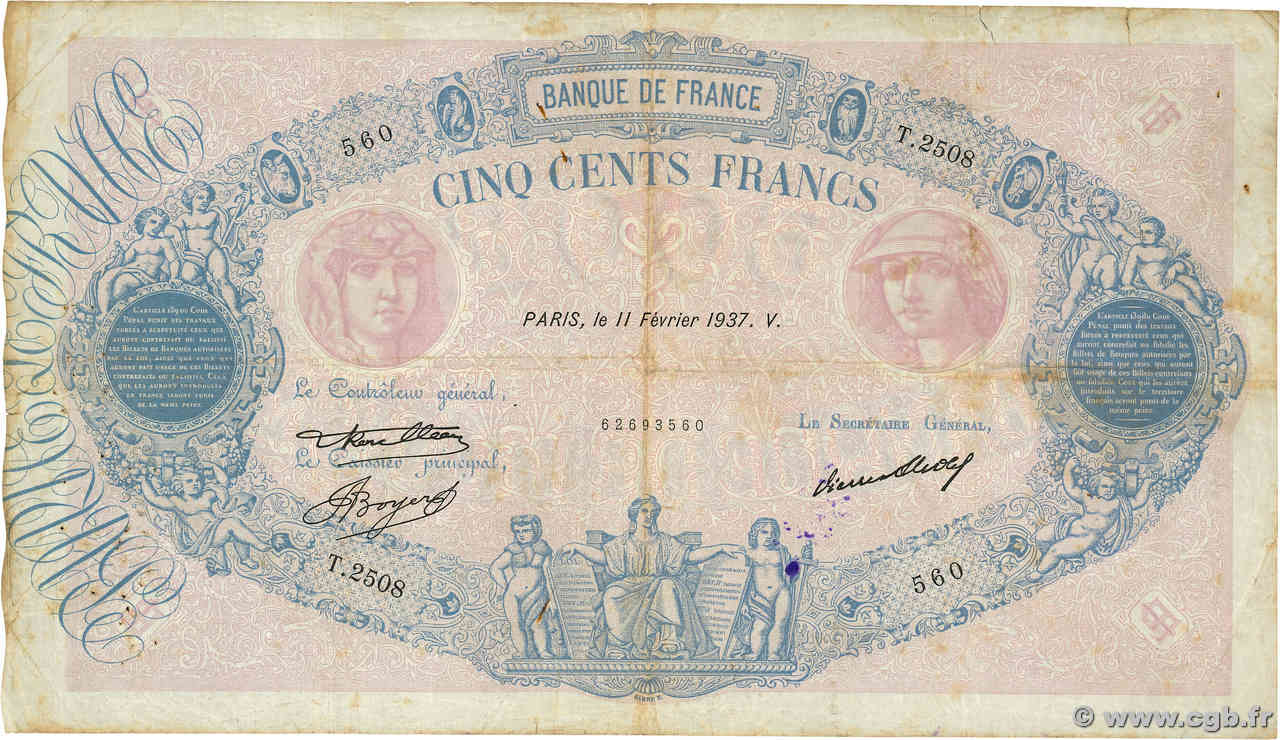 500 Francs BLEU ET ROSE FRANCIA  1937 F.30.38 BC