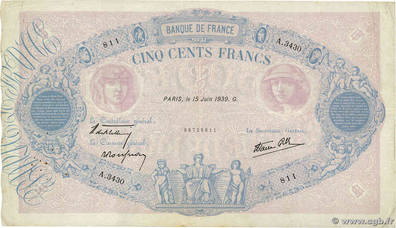 500 Francs BLEU ET ROSE modifié FRANCE  1939 F.31.34 TTB