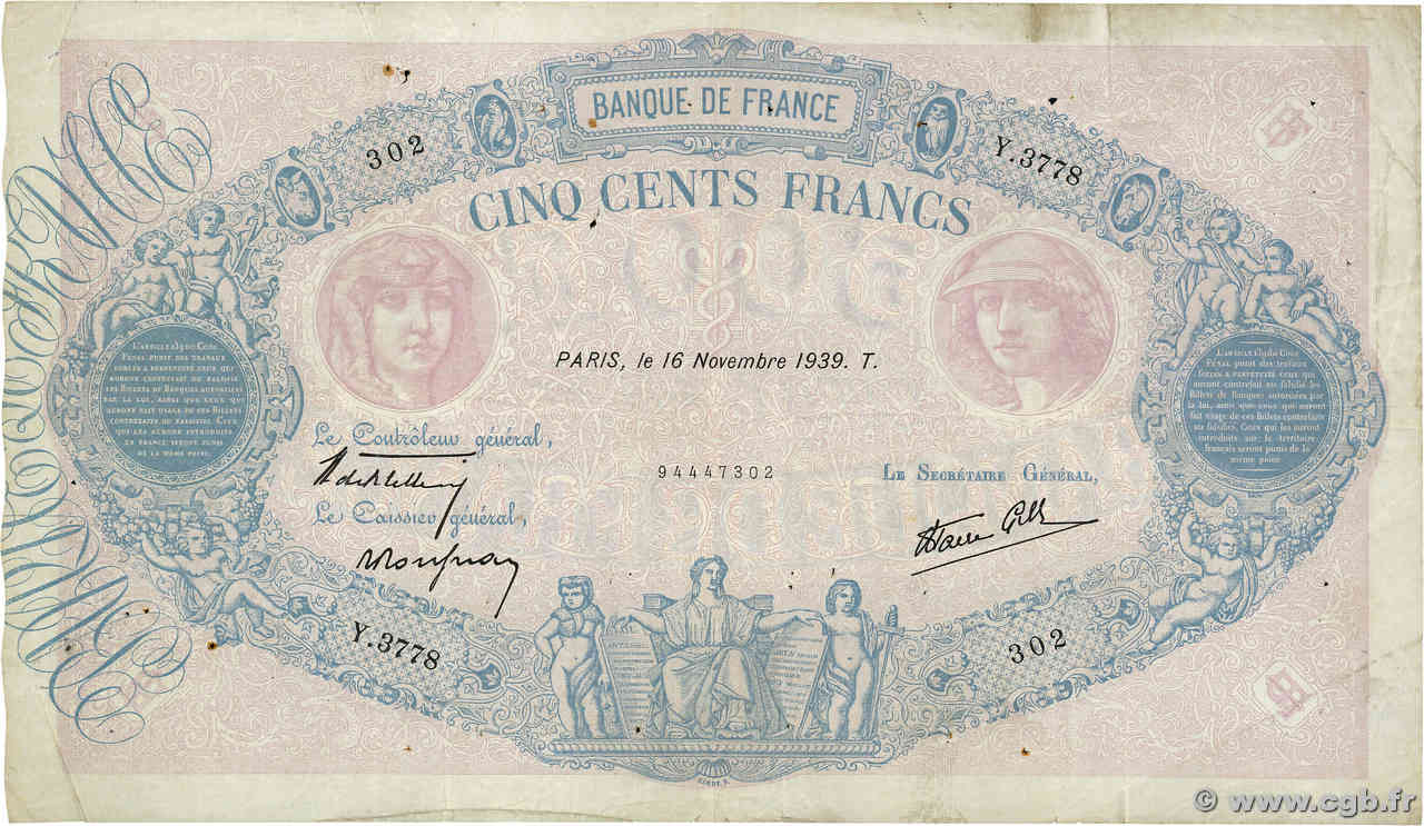 500 Francs BLEU ET ROSE modifié FRANCE  1939 F.31.48 TB