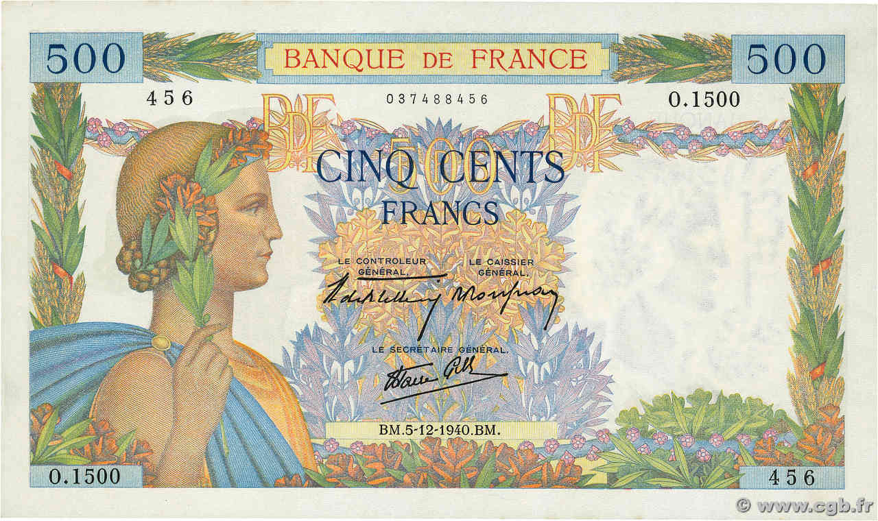 500 Francs LA PAIX FRANCE  1940 F.32.10 UNC-