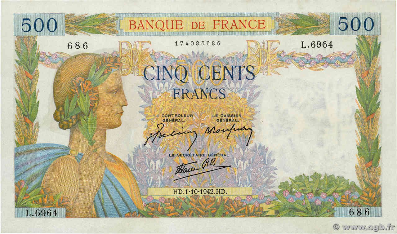 500 Francs LA PAIX FRANCE  1942 F.32.41 pr.NEUF