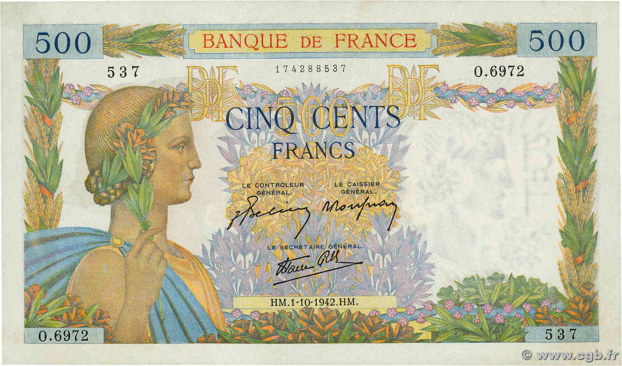 500 Francs LA PAIX FRANKREICH  1942 F.32.41 fST