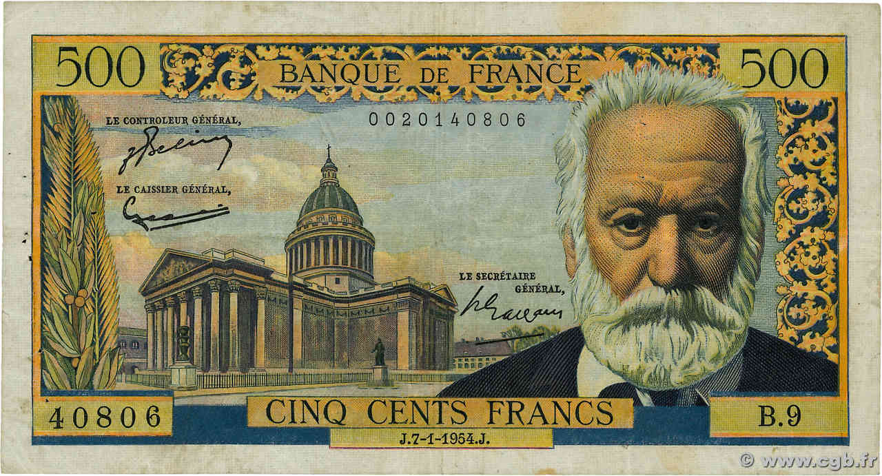 500 Francs VICTOR HUGO FRANCIA  1954 F.35.01 BC+