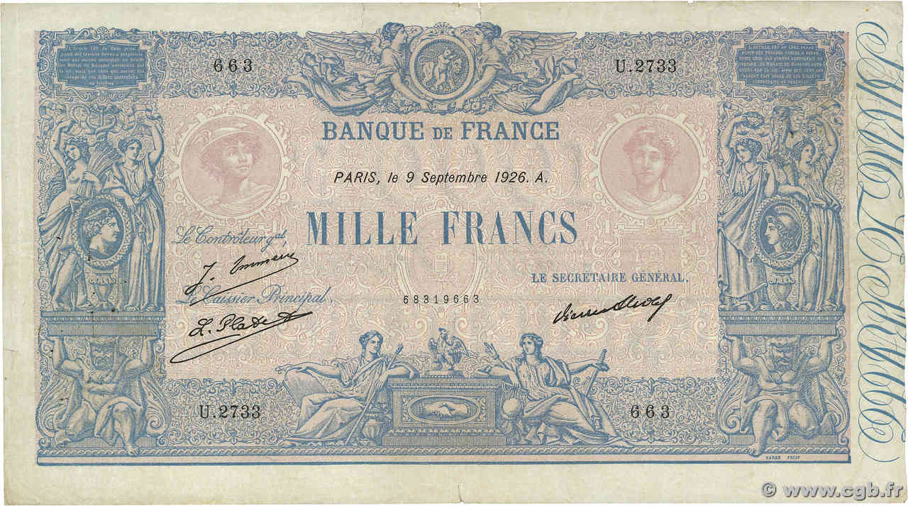 1000 Francs BLEU ET ROSE FRANKREICH  1926 F.36.43 fSS