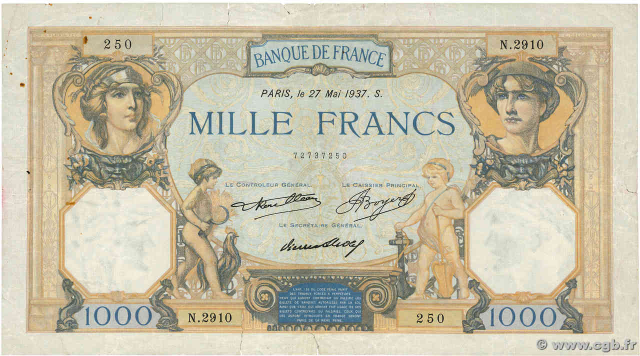 1000 Francs CÉRÈS ET MERCURE FRANCE  1937 F.37.10 F-