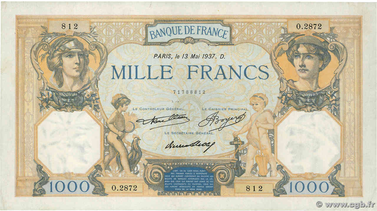 1000 Francs CÉRÈS ET MERCURE FRANCE  1937 F.37.10 SUP