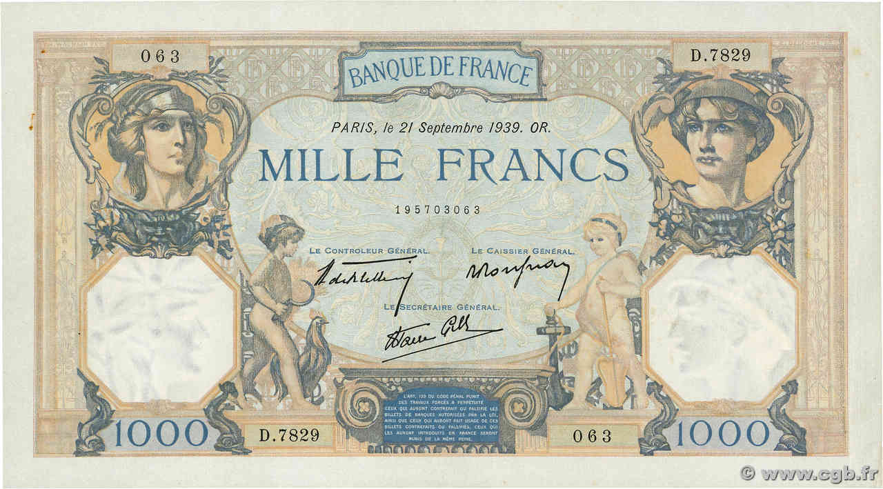 1000 Francs CÉRÈS ET MERCURE type modifié FRANCE  1939 F.38.37 XF