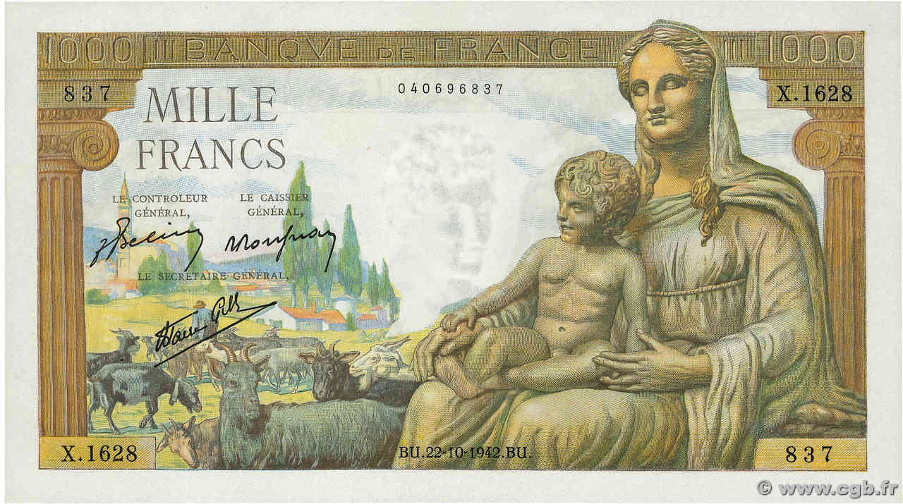 1000 Francs DÉESSE DÉMÉTER FRANKREICH  1942 F.40.09 fST