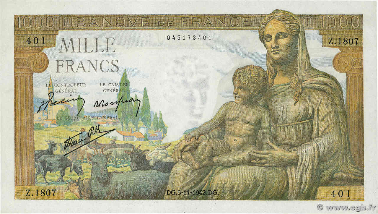 1000 Francs DÉESSE DÉMÉTER FRANCE  1942 F.40.10 UNC