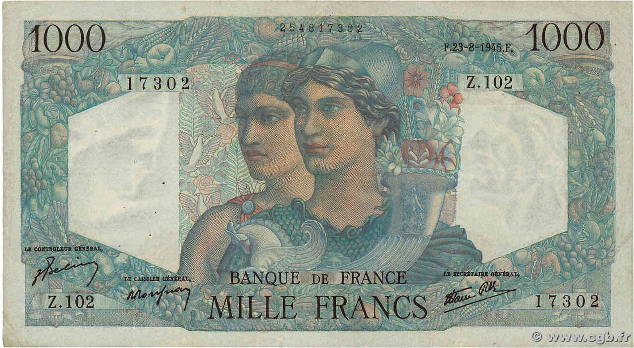 1000 Francs MINERVE ET HERCULE FRANCE  1945 F.41.07 VF-