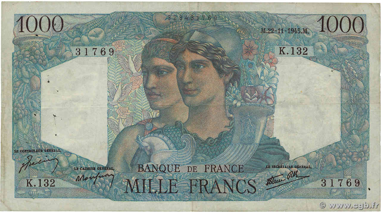 1000 Francs MINERVE ET HERCULE FRANCE  1945 F.41.08 TB