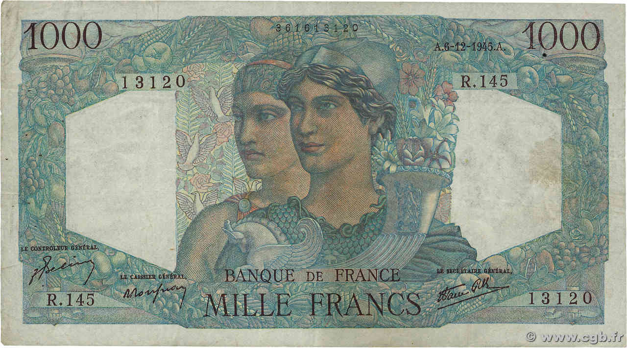 1000 Francs MINERVE ET HERCULE FRANCIA  1945 F.41.09 BC+