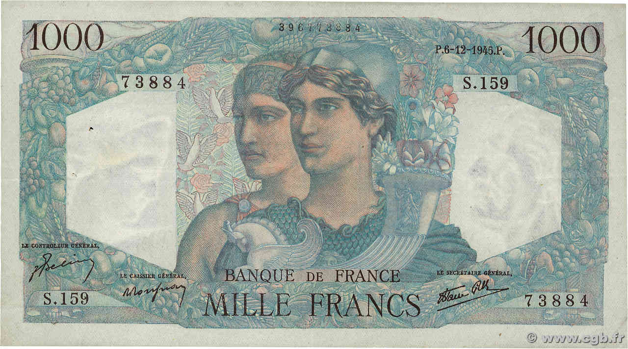 1000 Francs MINERVE ET HERCULE FRANCE  1945 F.41.09 VF