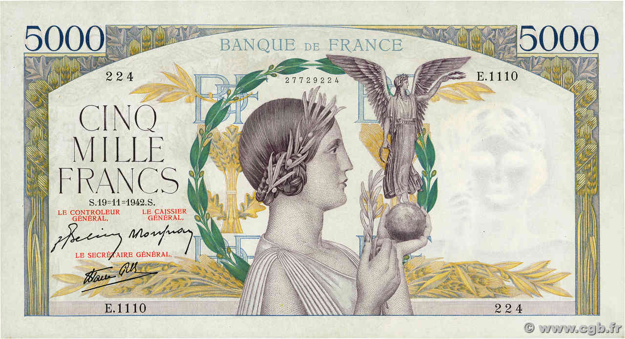 5000 Francs VICTOIRE Impression à plat FRANKREICH  1942 F.46.44 VZ