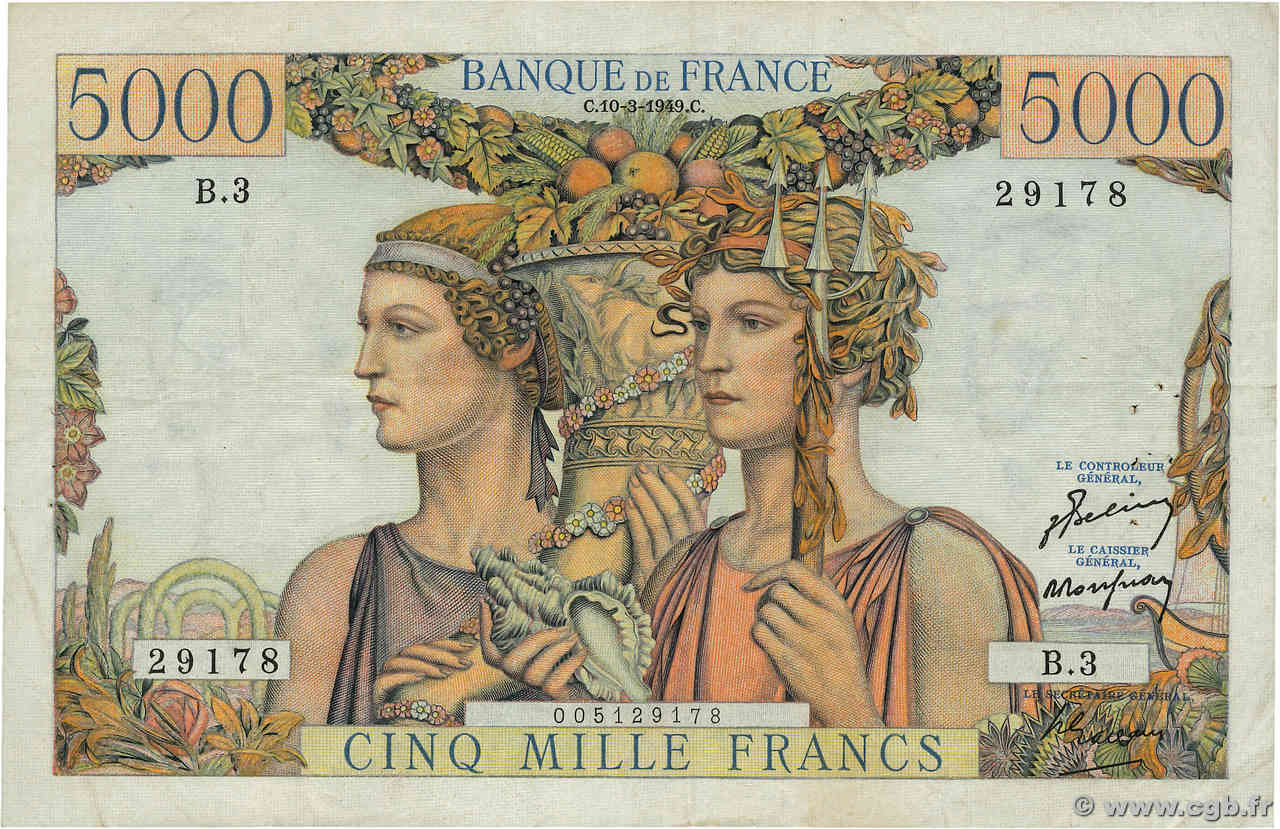 5000 Francs TERRE ET MER FRANKREICH  1949 F.48.01 SS