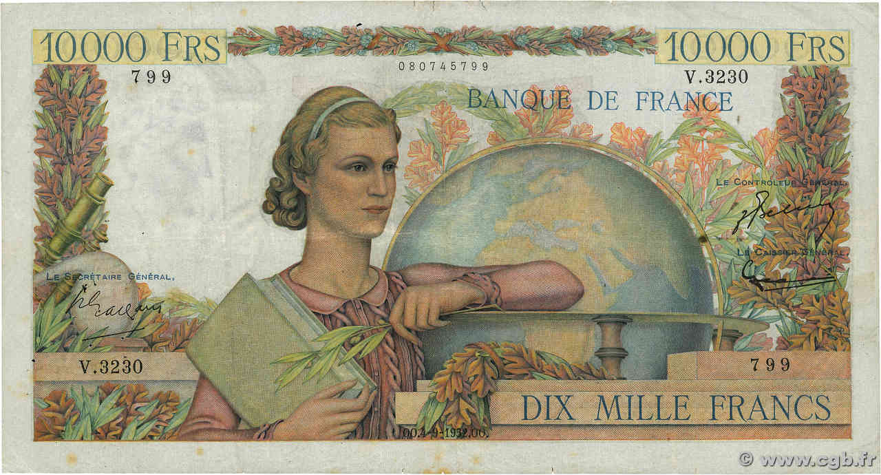 10000 Francs GÉNIE FRANÇAIS FRANCIA  1952 F.50.60 BC