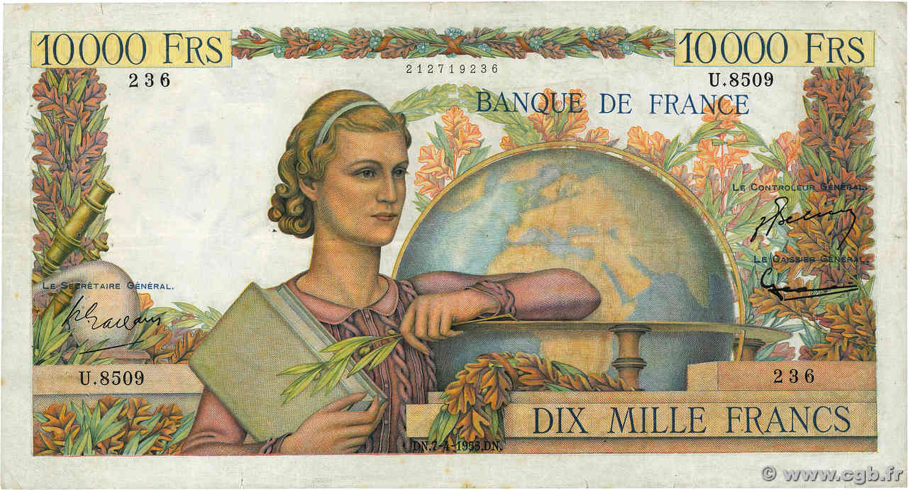 10000 Francs GÉNIE FRANÇAIS FRANCE  1955 F.50.74 VF-