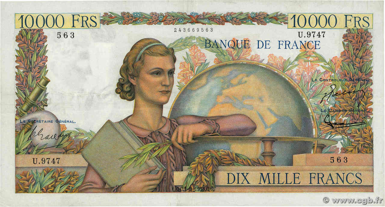 10000 Francs GÉNIE FRANÇAIS FRANCE  1955 F.50.76 VF+