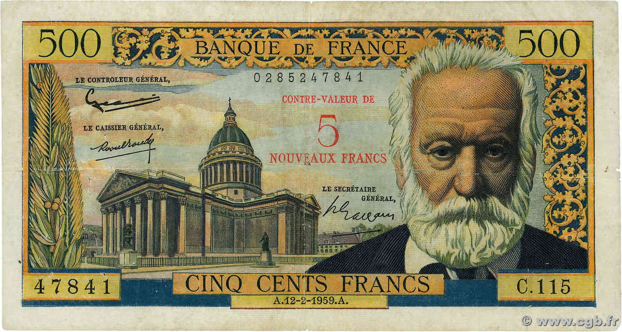 5 NF sur 500 Francs Victor HUGO FRANCIA  1959 F.52.02 BC