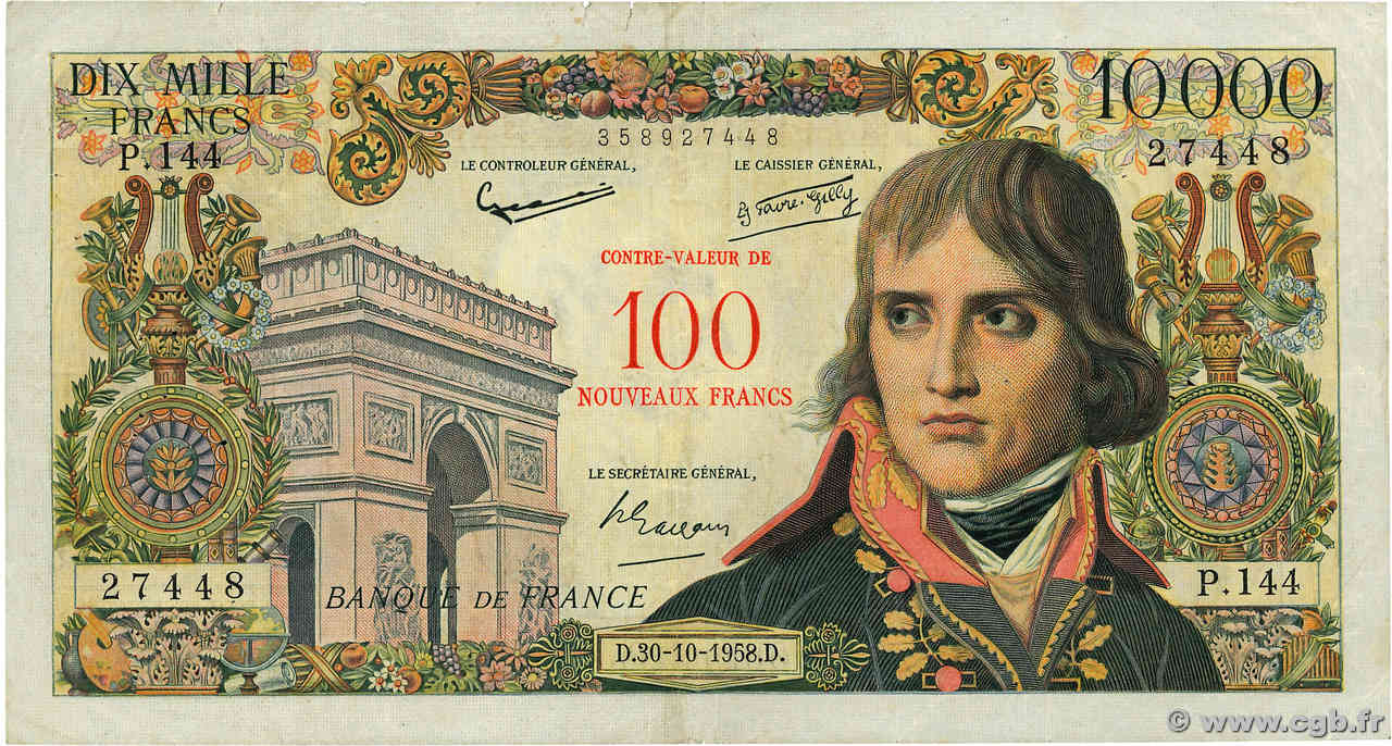 100 NF sur 10000 Francs BONAPARTE FRANCE  1958 F.55.01 pr.TTB