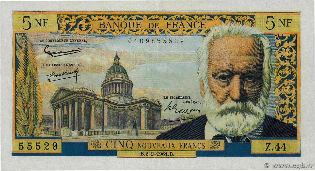 5 Nouveaux Francs VICTOR HUGO FRANCE  1961 F.56.06 VF+