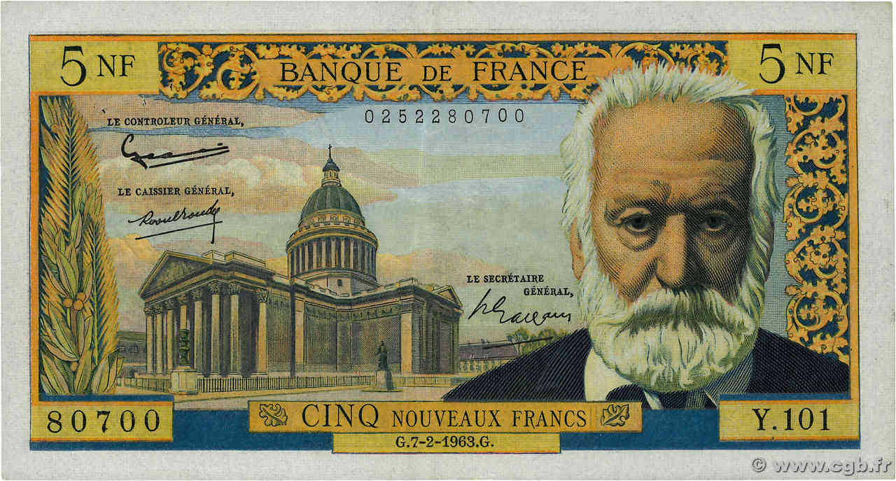 5 Nouveaux Francs VICTOR HUGO FRANCE  1963 F.56.13 TTB