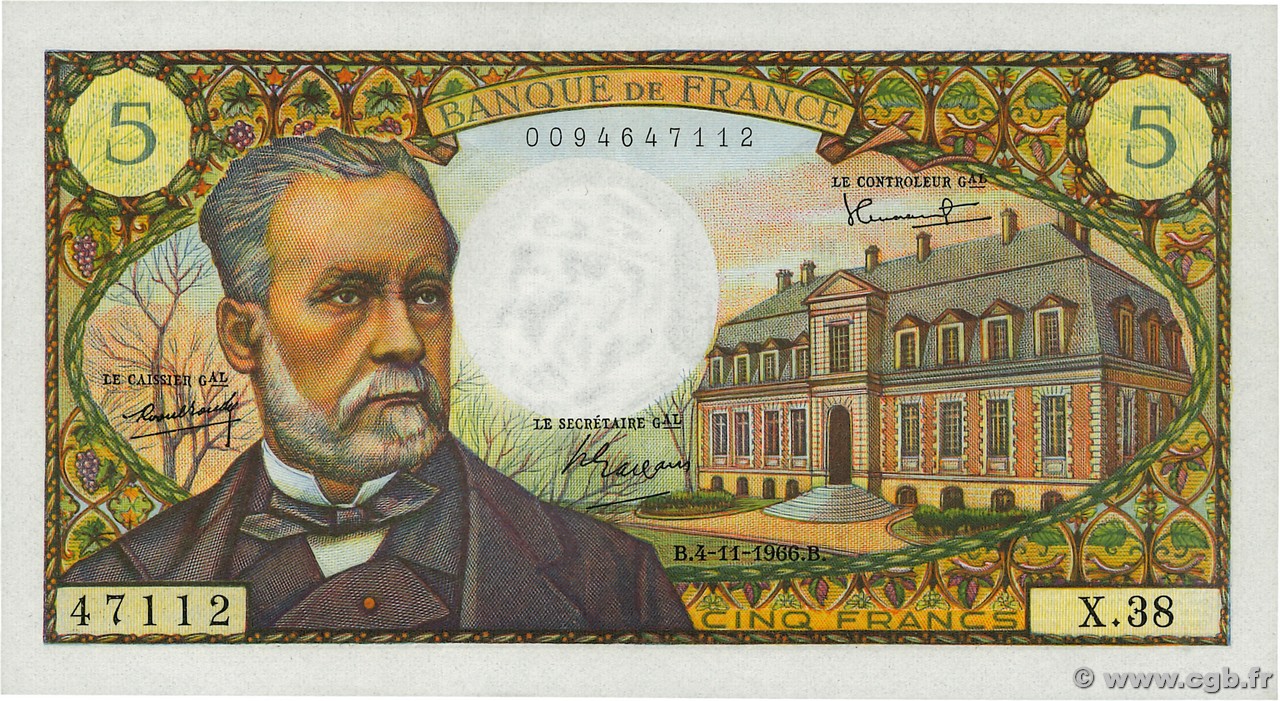 5 Francs PASTEUR FRANCIA  1966 F.61.04 EBC+