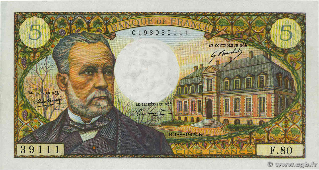 5 Francs PASTEUR FRANKREICH  1968 F.61.08 VZ