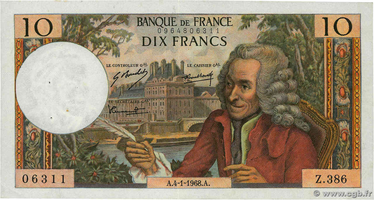 10 Francs VOLTAIRE FRANCE  1968 F.62.31 VF