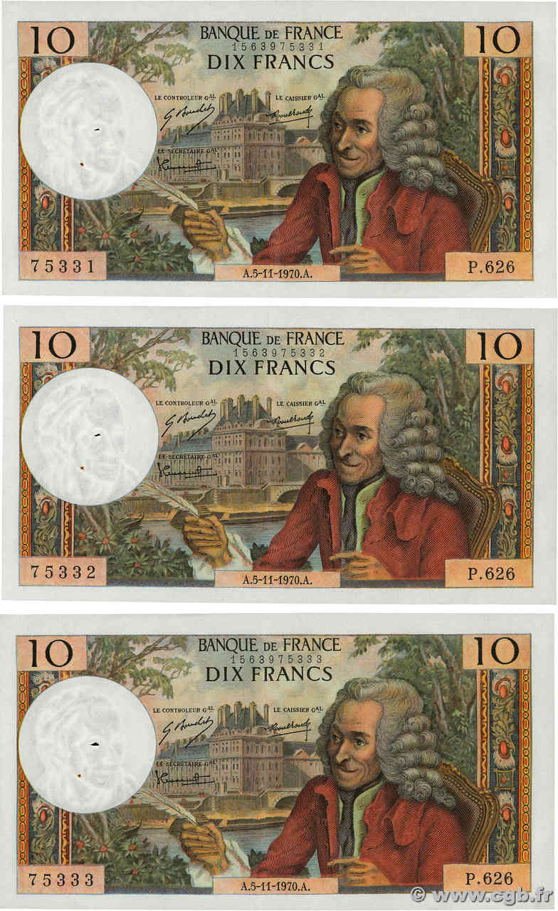 10 Francs VOLTAIRE Consécutifs FRANCE  1970 F.62.47 XF