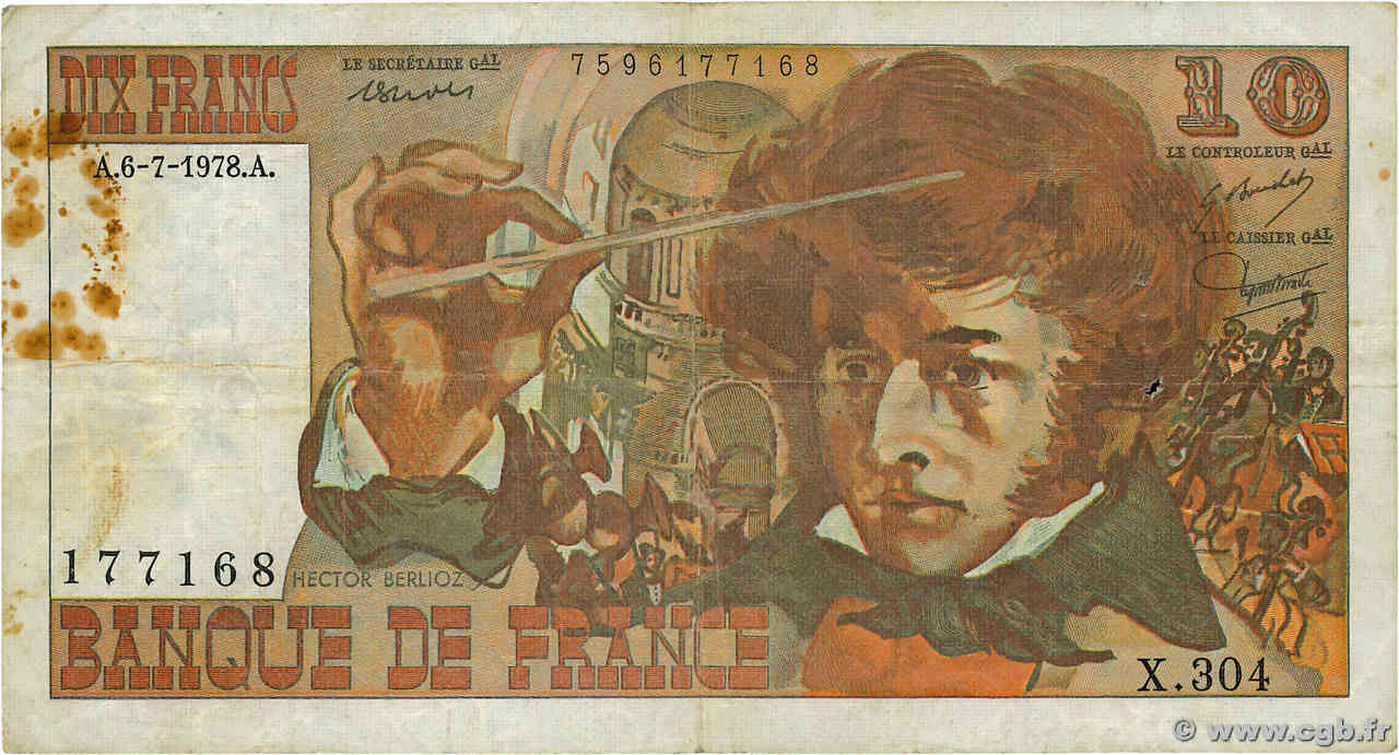 10 Francs BERLIOZ FRANCIA  1978 F.63.24 q.MB