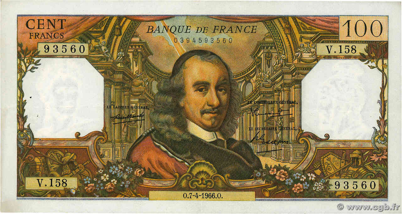 100 Francs CORNEILLE FRANCIA  1966 F.65.12 q.SPL