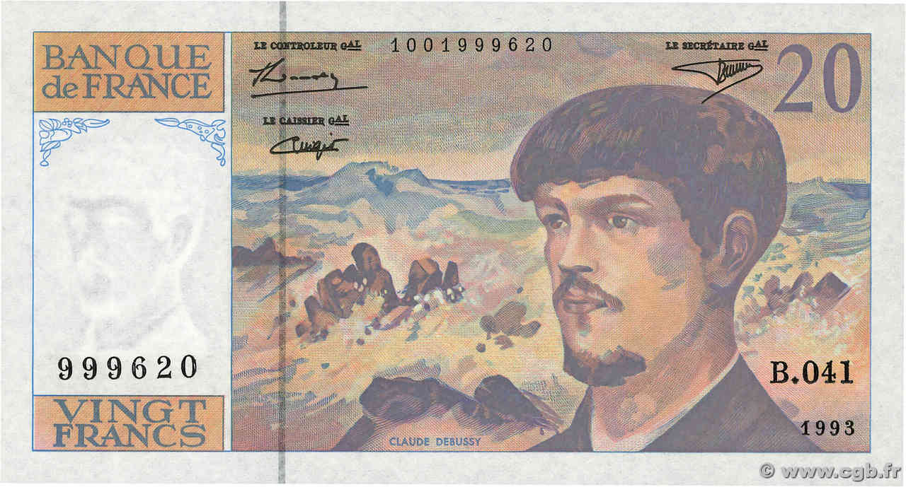 20 Francs DEBUSSY à fil de sécurité FRANCIA  1993 F.66bis.05 q.FDC