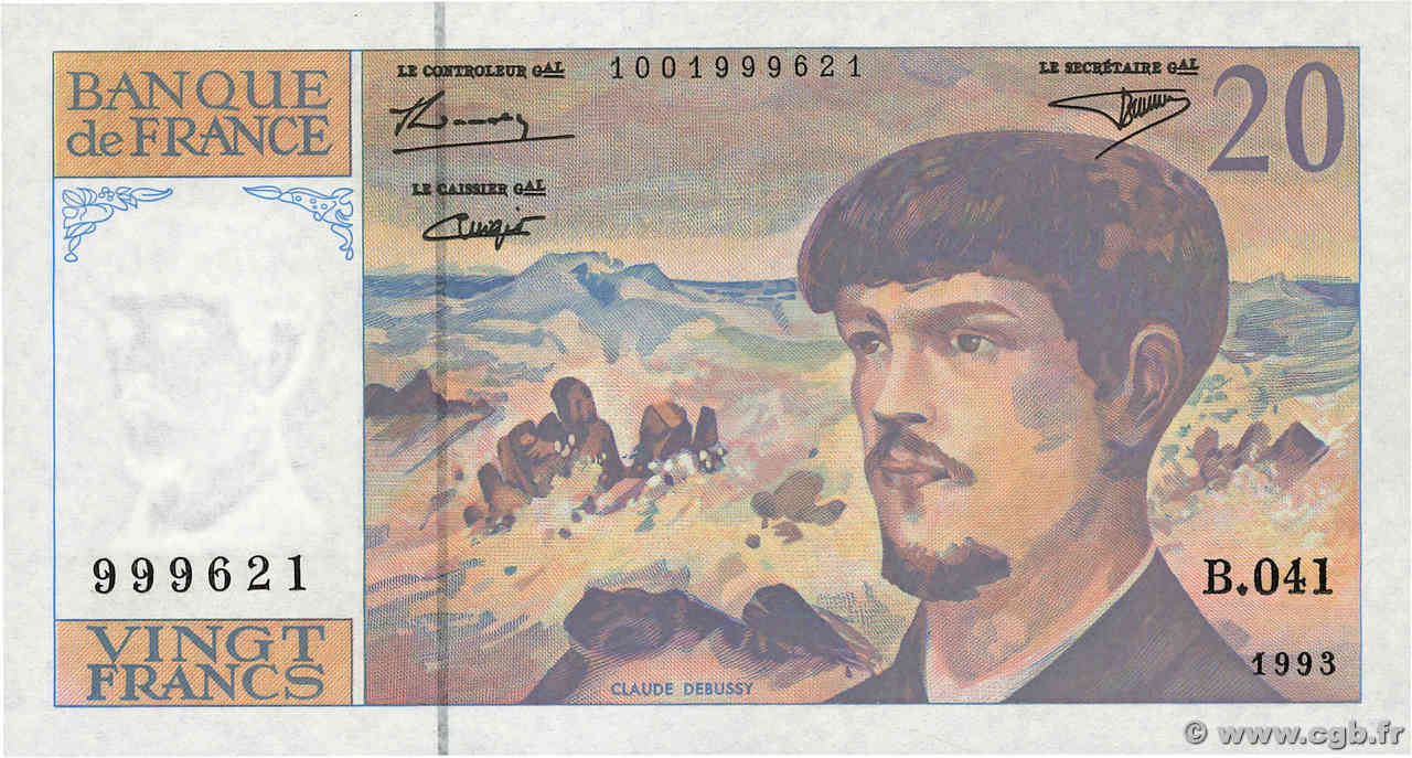 20 Francs DEBUSSY à fil de sécurité FRANKREICH  1993 F.66bis.05 fST+